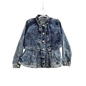 Thrill Acid Wash Denim Peplum Layered Jacket Blue 100% Cotton Womens Large EUC